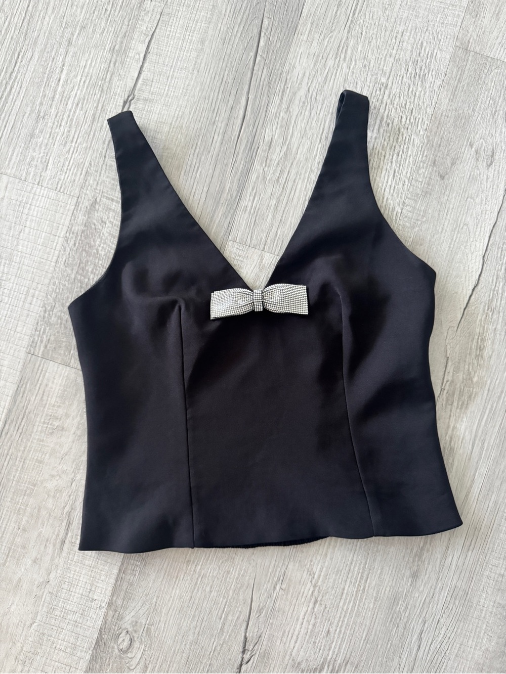 Emerson Lang Elegant Black Evening Crop Top Rhinestone Bow Accent Size S